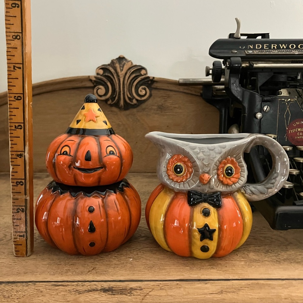 Johanna Parker Halloween Sugar Creamer /Cream Set Owl Jack O Lantern Pumpkin New